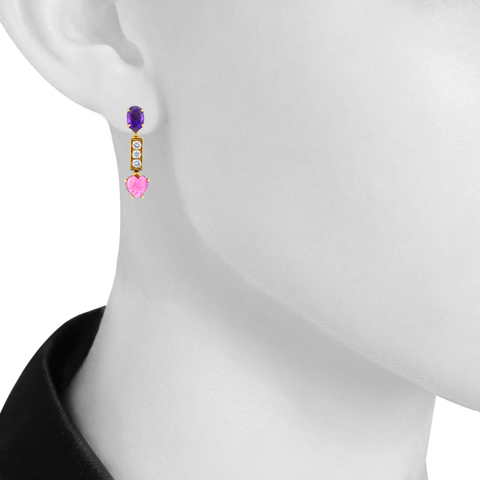 Paire de pendants d'oreilles articulée Bulgari Allegra en or jaune,  diamants et pierres de couleurs