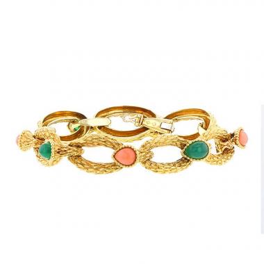 Bracelet époque années 70 Boucheron Serpent Bohème en or jaune,  chrysoprase et corail