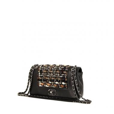 Borsa a tracolla Chanel Mademoiselle in pelle nera e tweed marrone