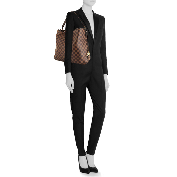 Sac porté épaule Louis Vuitton Graceful petit modèle en toile damier et cuir marron - Detail D1