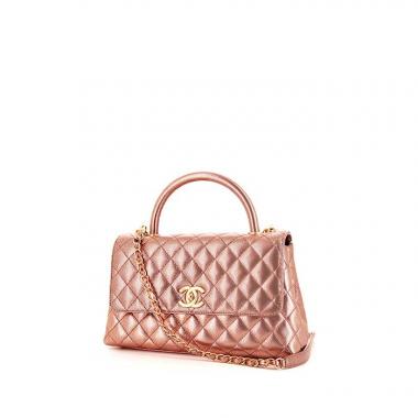 Bolso de mano Chanel Top Handle en cuero granulado acolchado rosa metalizada