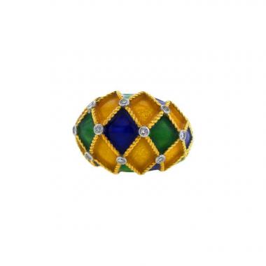 Bague époque années 70 Mauboussin Arlequin en or jaune,  platine, émail multicolore et diamants
