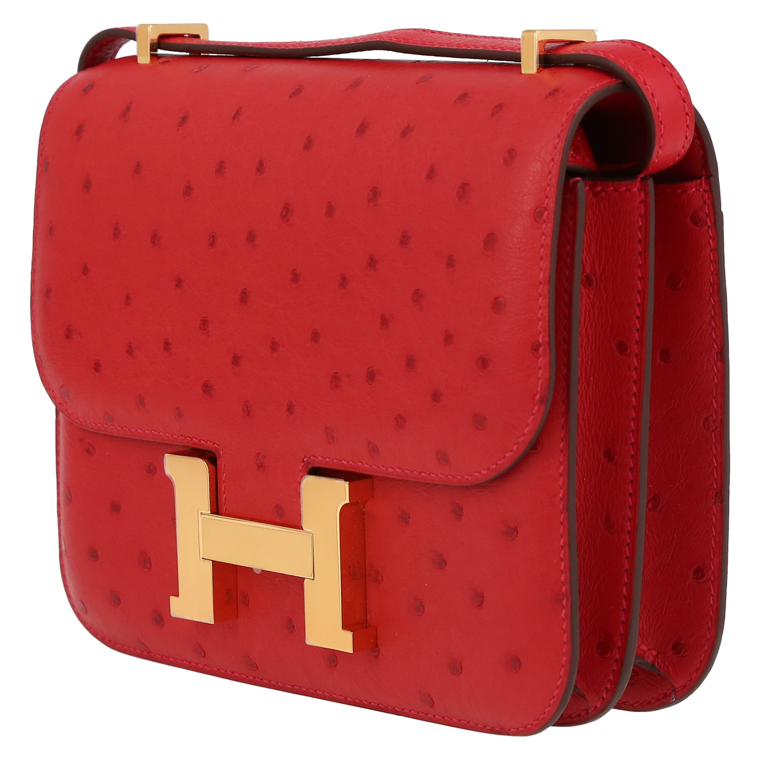 Borsa a tracolla Hermès  Constance 18 cm mini  in pelle di struzzo Rouge Vif - Detail D3