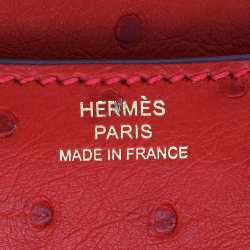 Sac bandoulière Hermes Constance mini en autruche rouge Vif - Detail D9