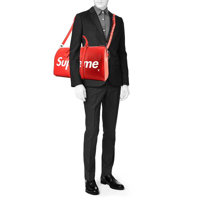 Sac de week end Louis Vuitton Keepall 45 cm Editions Limitées Supreme en cuir épi rouge et blanc - Detail D2