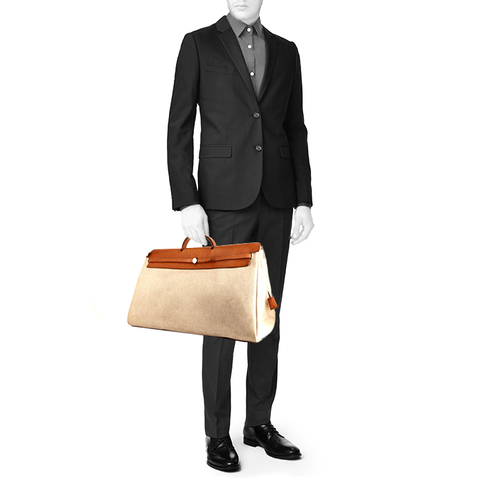 Sac de voyage Hermes Herbag en toile beige et cuir naturel - Detail D1