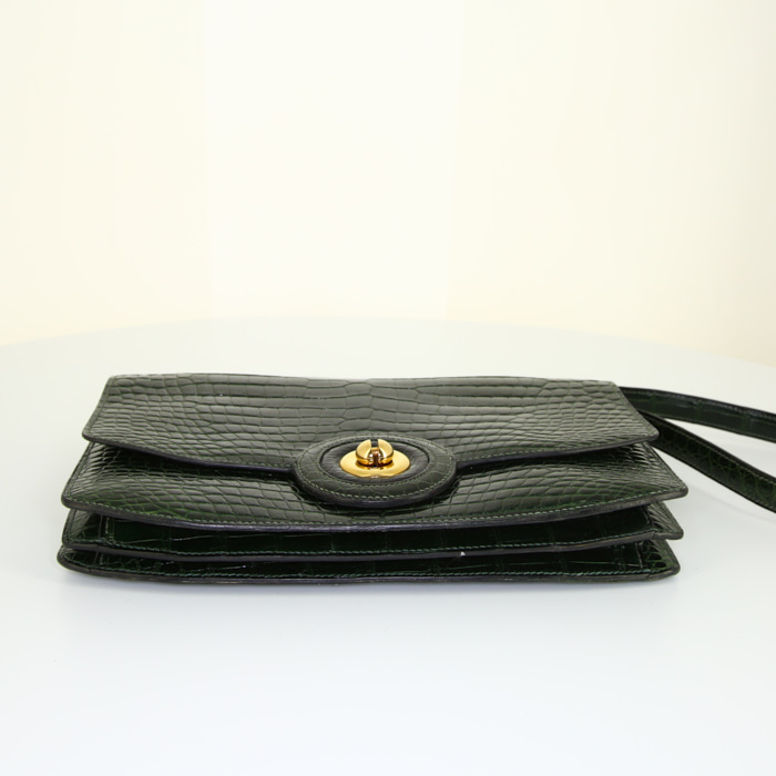 Sac porté épaule ou main Hermès Cocarde en crocodile vert et noir - Detail D5