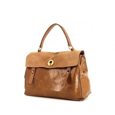 Sac à main Yves Saint Laurent Muse Two grand modèle en cuir verni beige et poulain beige