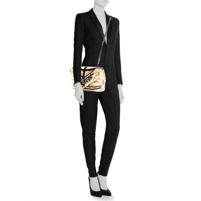 Borsa a tracolla Saint Laurent College modello grande in tessuto ricamato bicolore beige e bianco con perle ricamate e pelle nera - Detail D2
