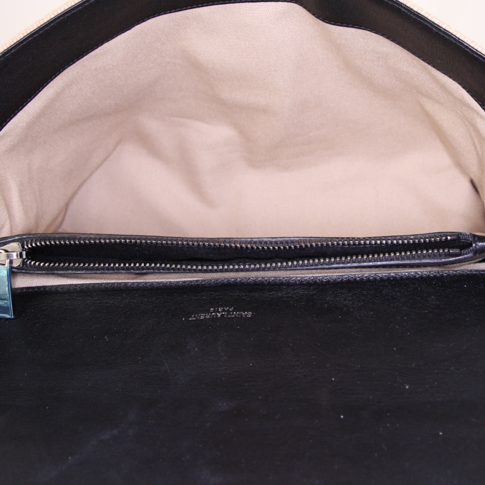 Saint Laurent College large model shoulder bag in beige and white bicolor embroidered canvas and black leather - Detail D3