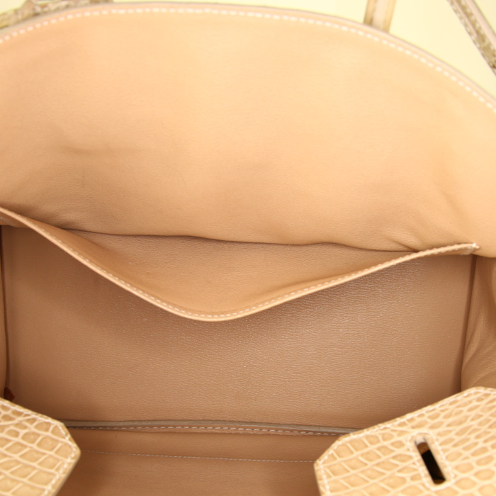 Sac à main Hermes Birkin 35 cm en crocodile porosus beige Ficelle - Detail D2