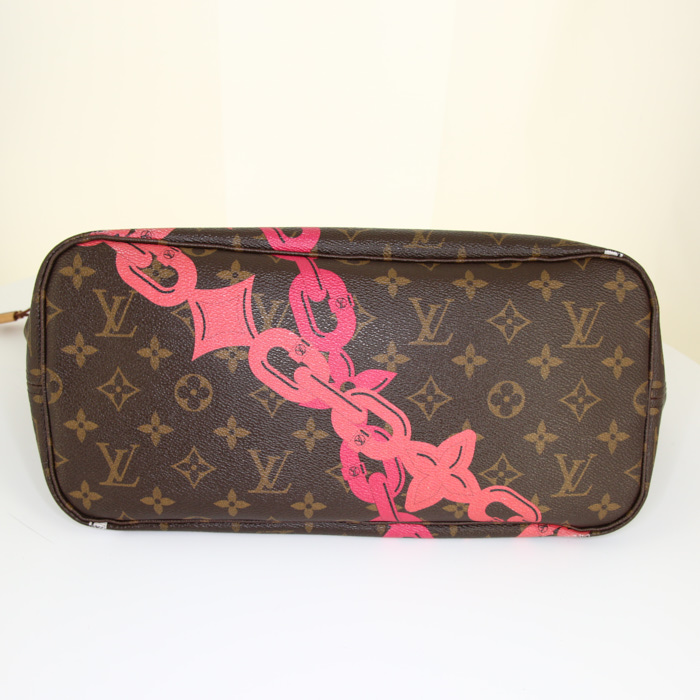 Shopping bag Louis Vuitton Neverfull modello medio in tela monogram con motivo e pelle naturale - Detail D4