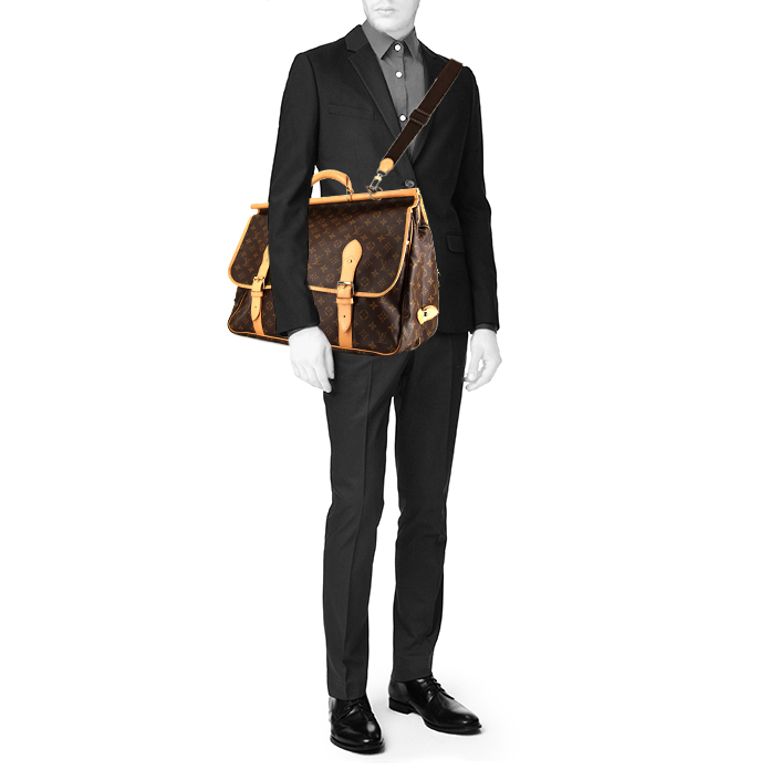 Borsa da viaggio Louis Vuitton Sac de chasse in tela monogram marrone e pelle naturale - Detail D2