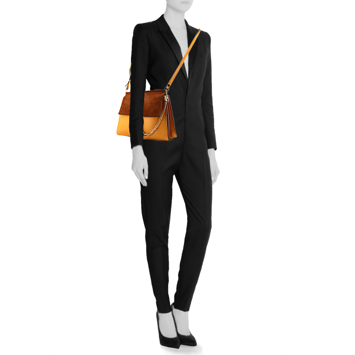 Chloé Faye medium model shoulder bag in yellow mustard leather and brown suede - Detail D1