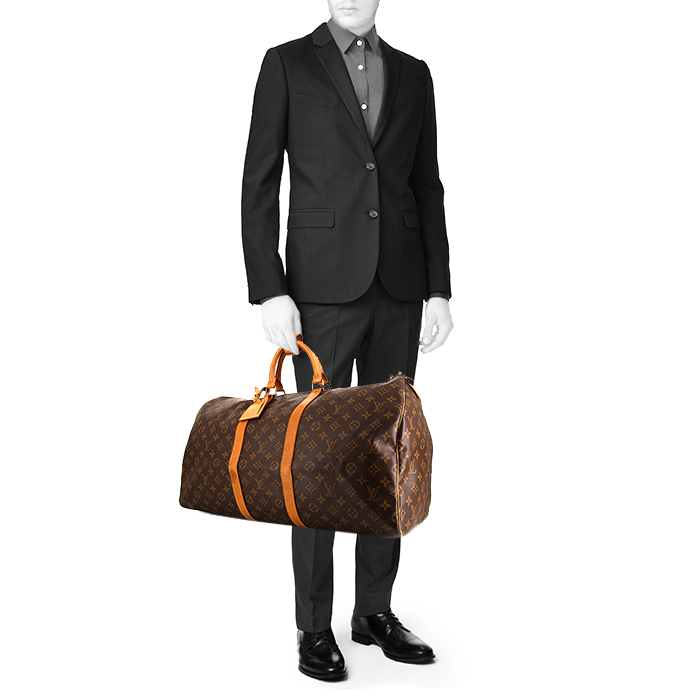 Bolsa de viaje Louis Vuitton Keepall 55 cm en lona Monogram marrón y cuero natural - Detail D1