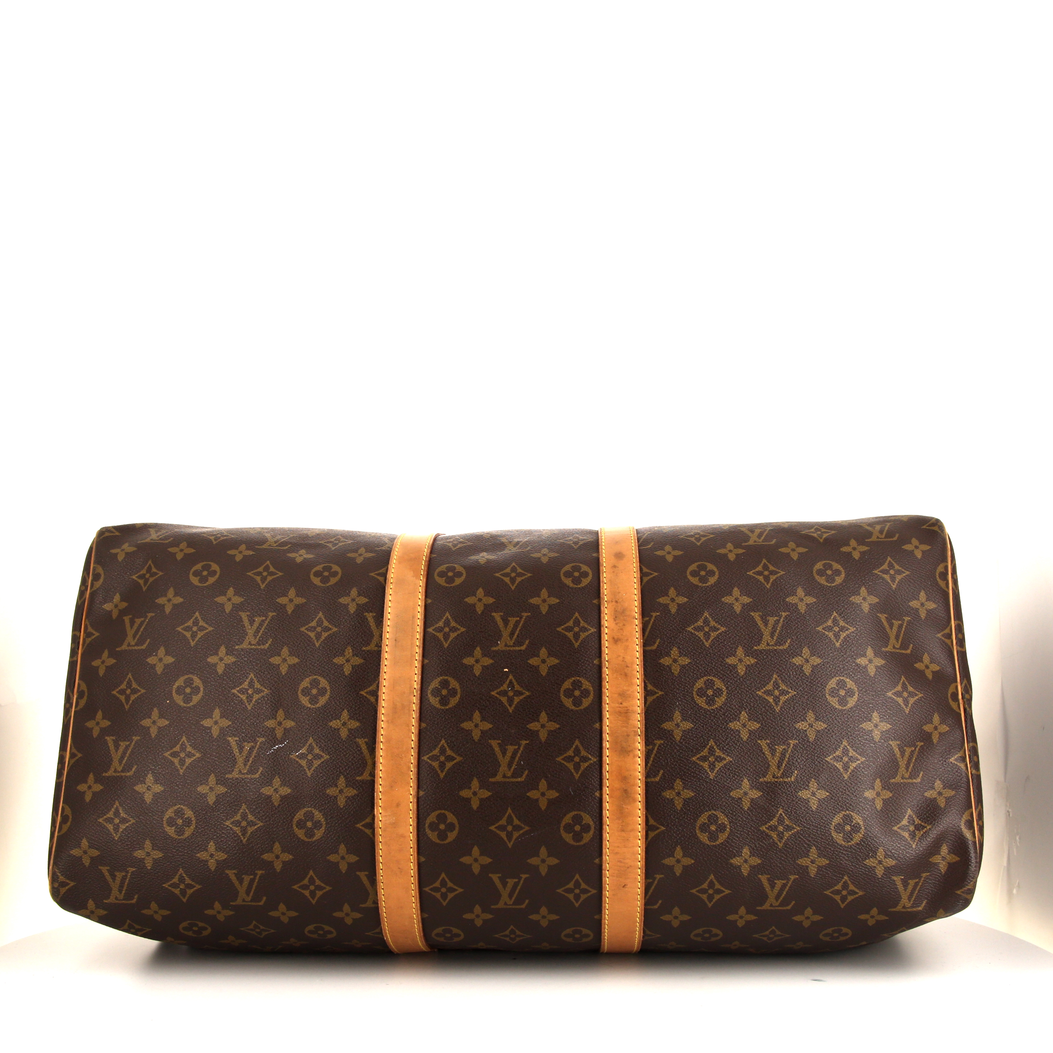 Borsa da viaggio Louis Vuitton Keepall 55 cm in tela monogram marrone e pelle naturale - Detail D4