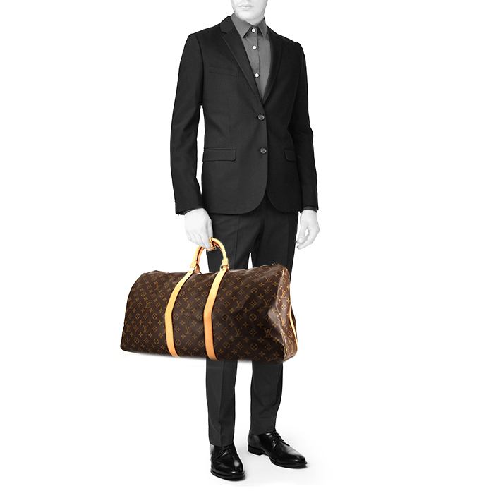 Borsa da viaggio Louis Vuitton Keepall 55 cm in tela monogram marrone e pelle naturale - Detail D1