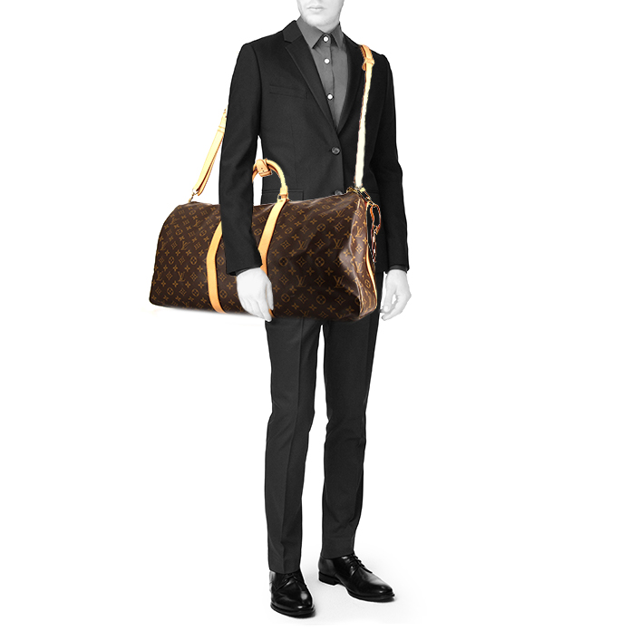 Borsa da viaggio Louis Vuitton Keepall 55 cm in tela monogram marrone e pelle naturale - Detail D2