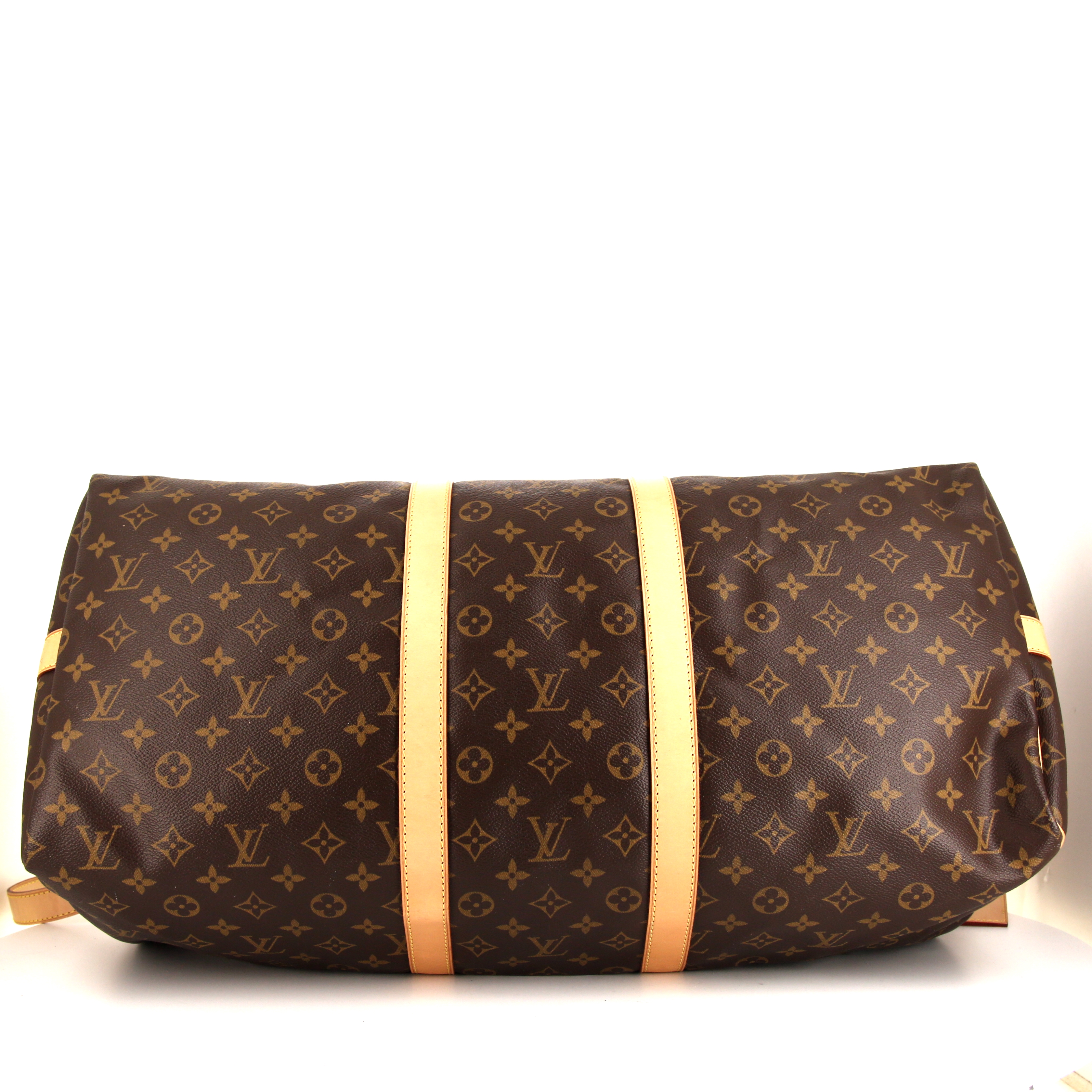 Borsa da viaggio Louis Vuitton Keepall 55 cm in tela monogram marrone e pelle naturale - Detail D5