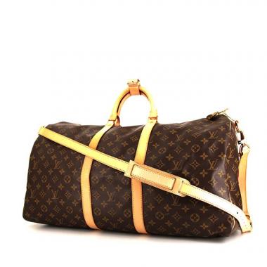 Borsa da viaggio Louis Vuitton Keepall 55 cm in tela monogram marrone e pelle naturale