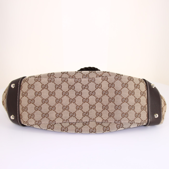Sac cabas Gucci Pelham en toile monogram beige et cuir marron - Detail D4