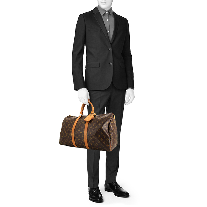 Louis Vuitton Keepall 45 travel bag in brown monogram canvas and natural leather - Detail D1