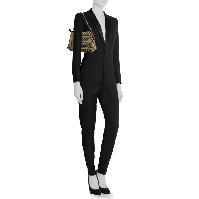 Fendi Big Mama bag worn on the shoulder or carried in the hand in beige monogram canvas and brown leather - Detail D1