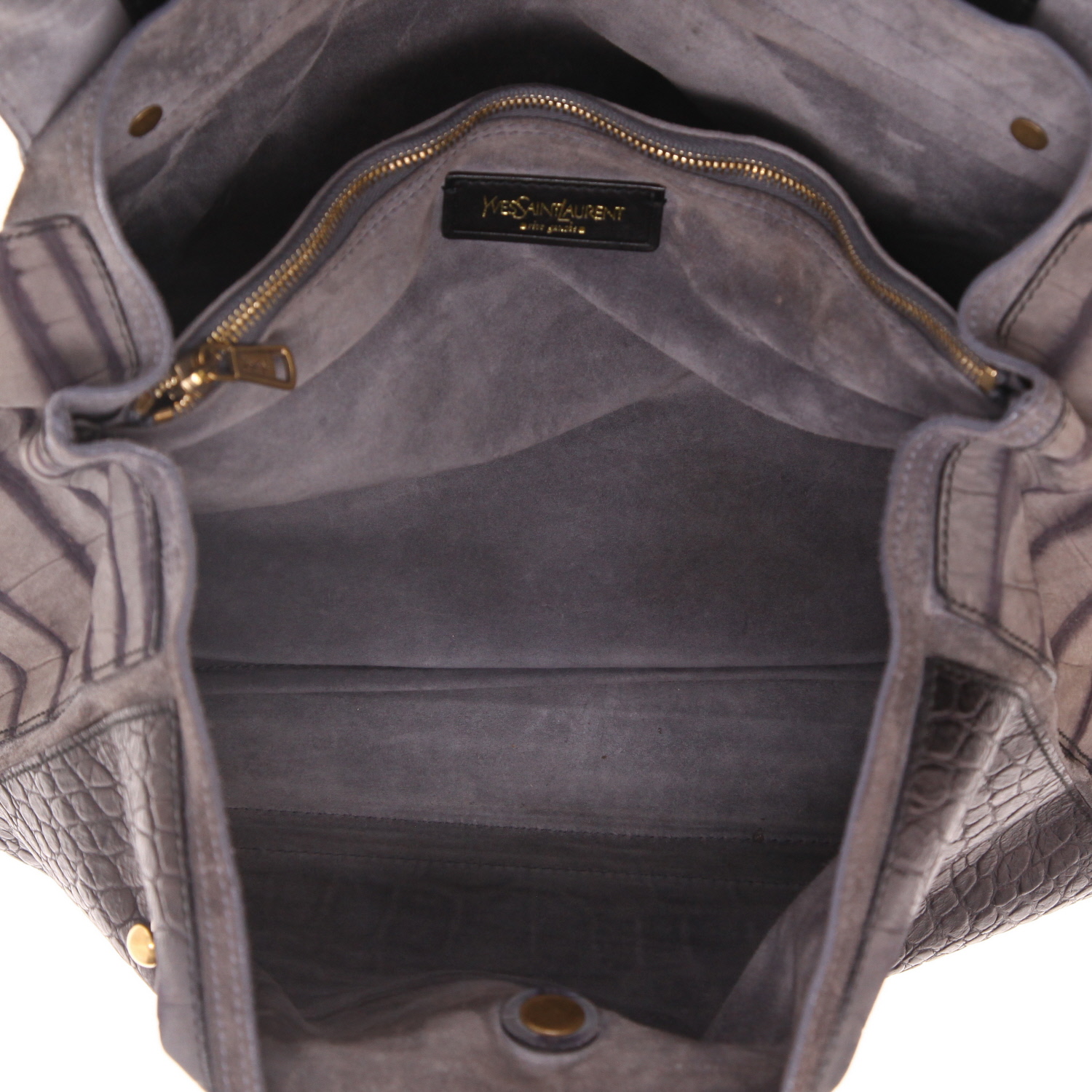 Yves Saint Laurent Muse Two large model handbag in grey leather and grey suede - Detail D3