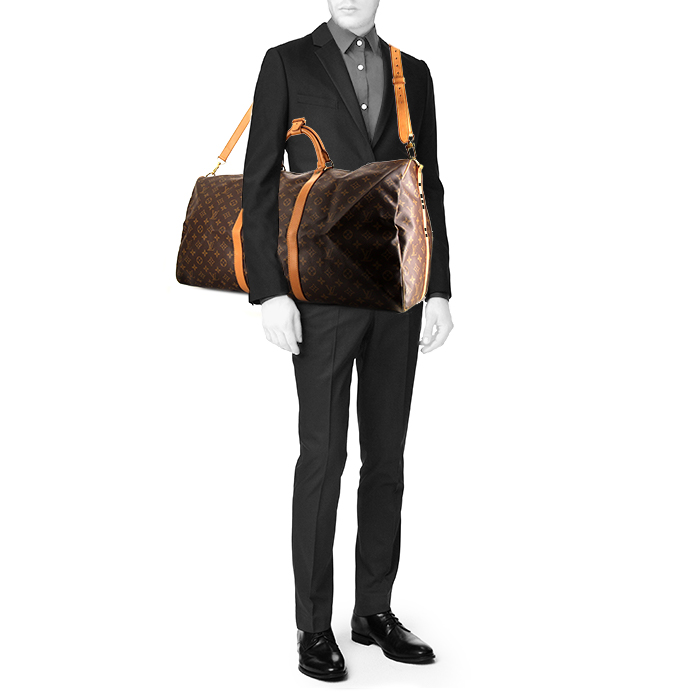 Bolsa de viaje Louis Vuitton Keepall 60 cm en lona Monogram revestida marrón y cuero natural - Detail D2