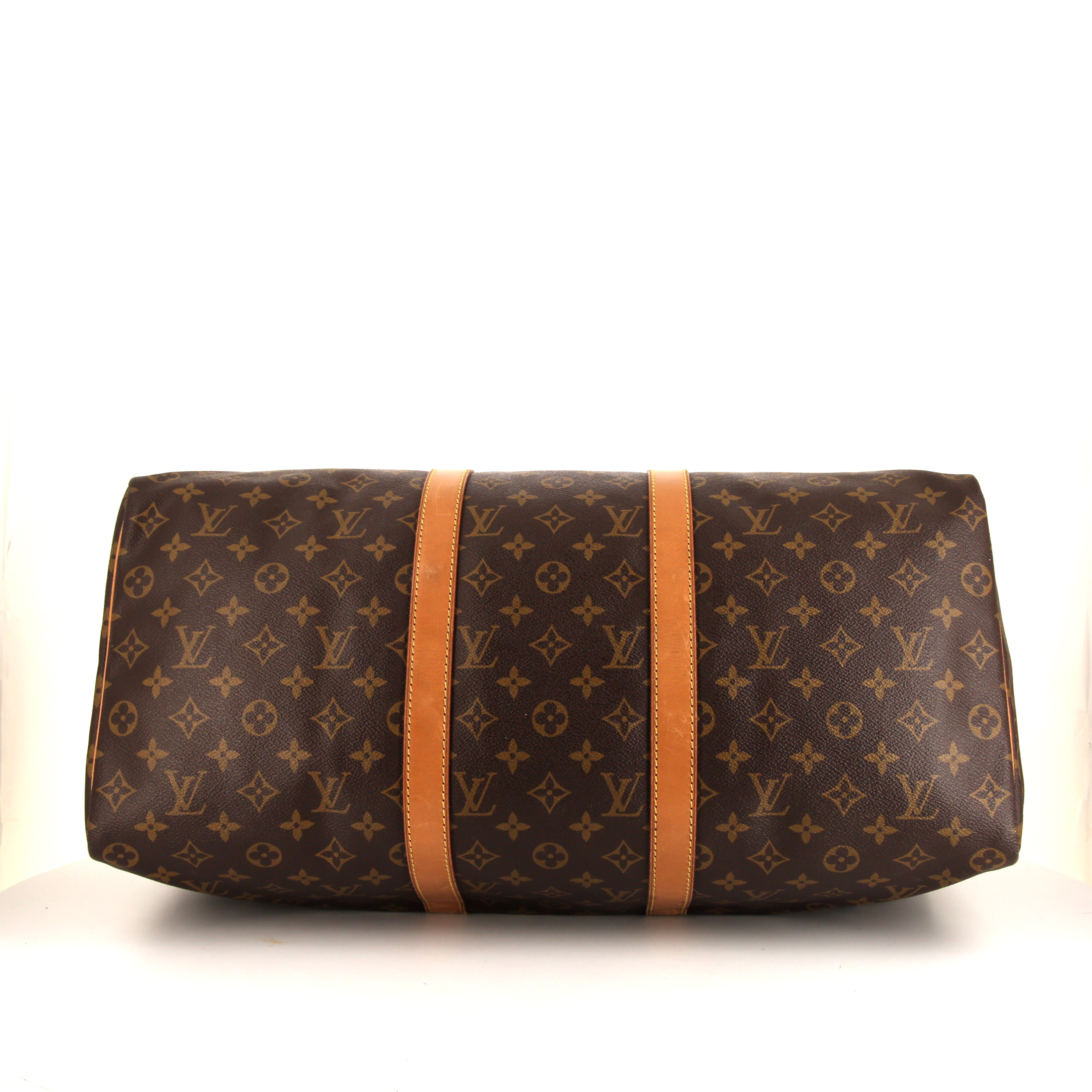 Bolsa de viaje Louis Vuitton  Keepall 50 en lona Monogram marrón y cuero natural - Detail D4