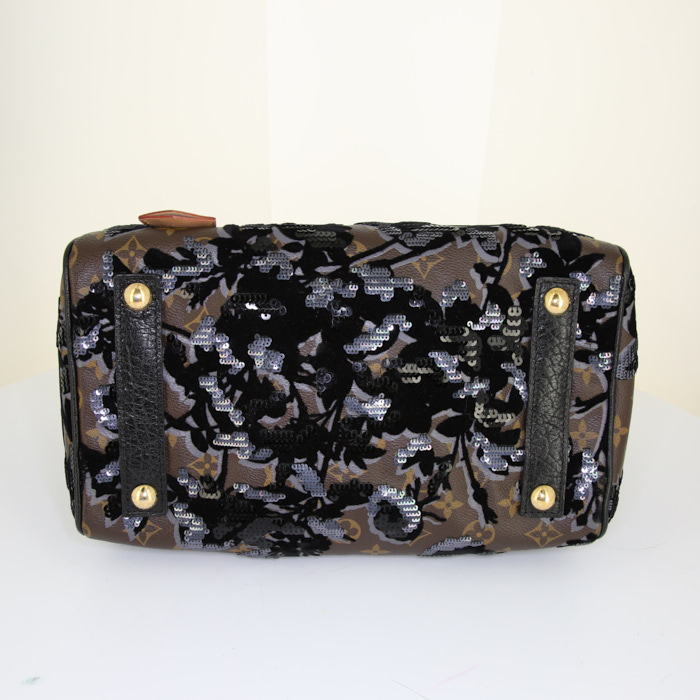 Borsa Louis Vuitton Speedy Editions Limitées in tela monogram marrone con paillettes e pelle naturale - Detail D4