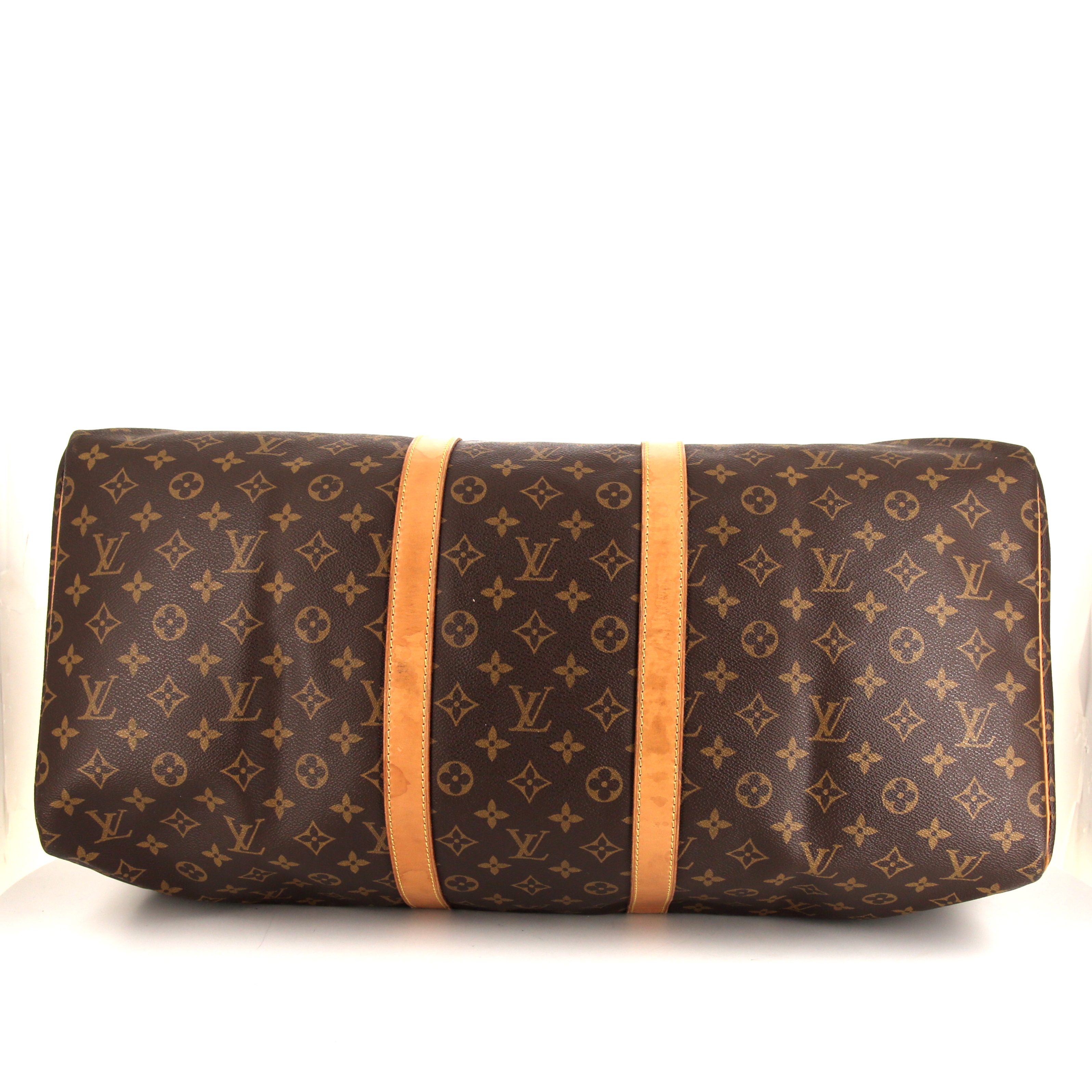 Borsa da viaggio Louis Vuitton Keepall 55 cm in tela monogram marrone e pelle naturale - Detail D4