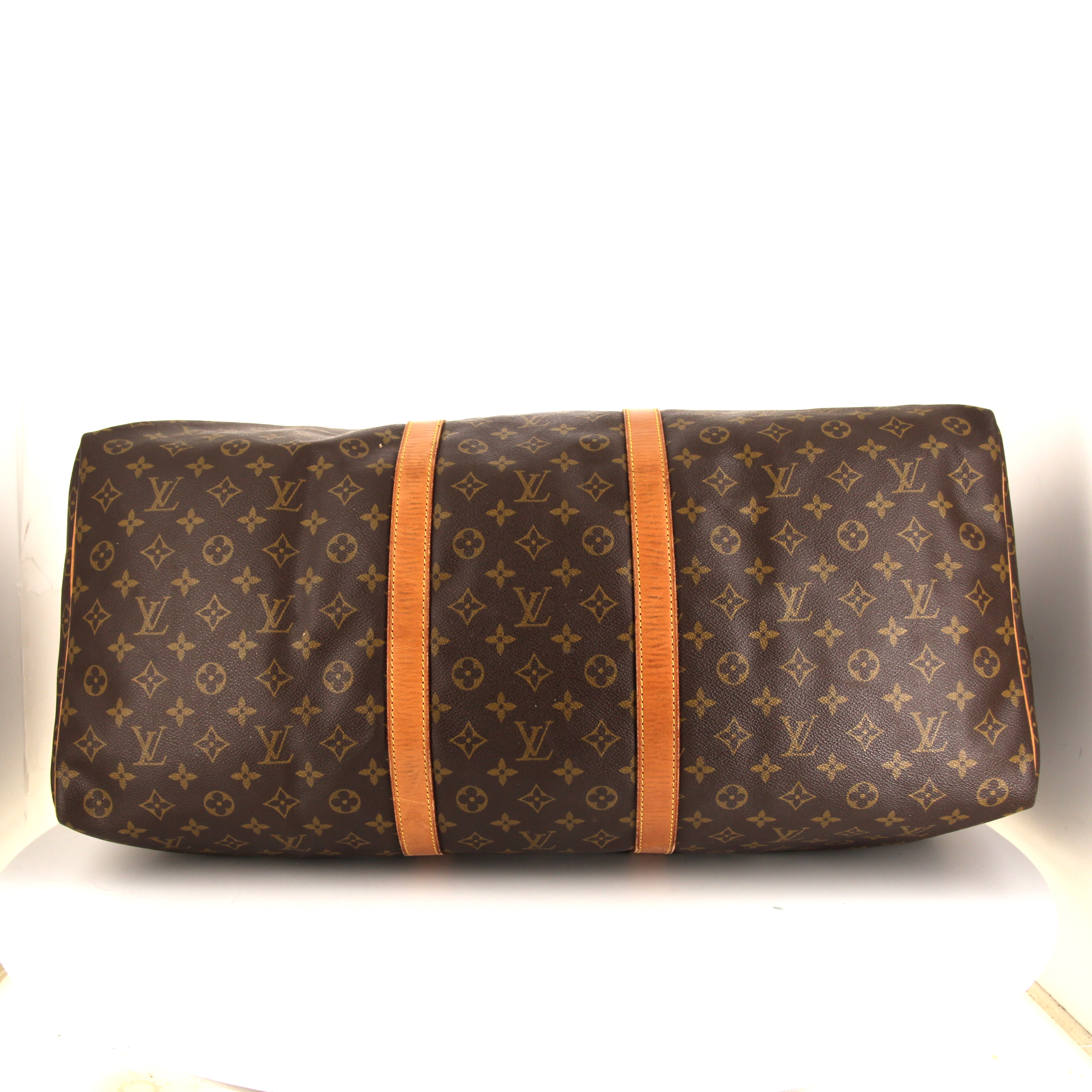 Sac de voyage Louis Vuitton  Keepall 60 en toile monogram marron et cuir naturel - Detail D4