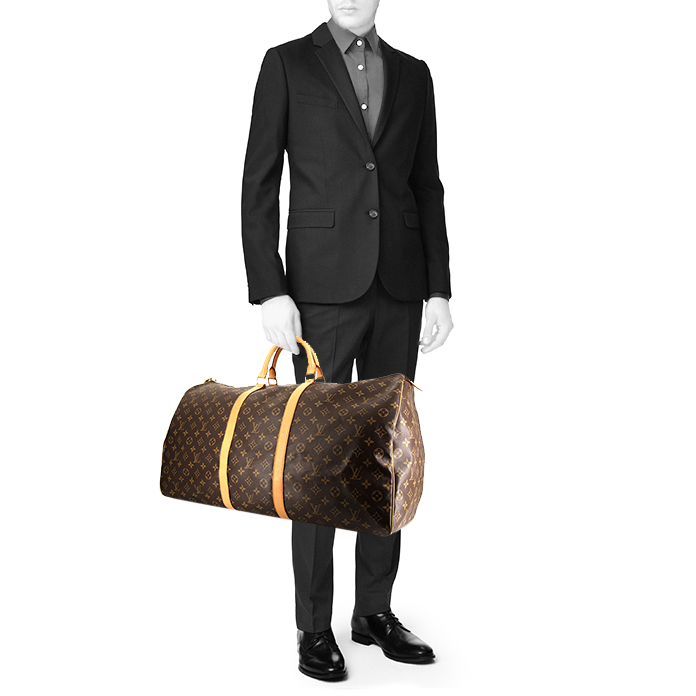 Sac de voyage Louis Vuitton  Keepall 60 en toile monogram marron et cuir naturel - Detail D1