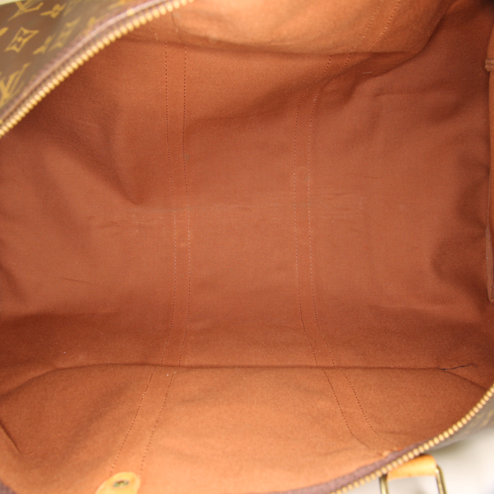 Borsa da viaggio Louis Vuitton  Keepall 60 in tela monogram marrone e pelle naturale - Detail D2
