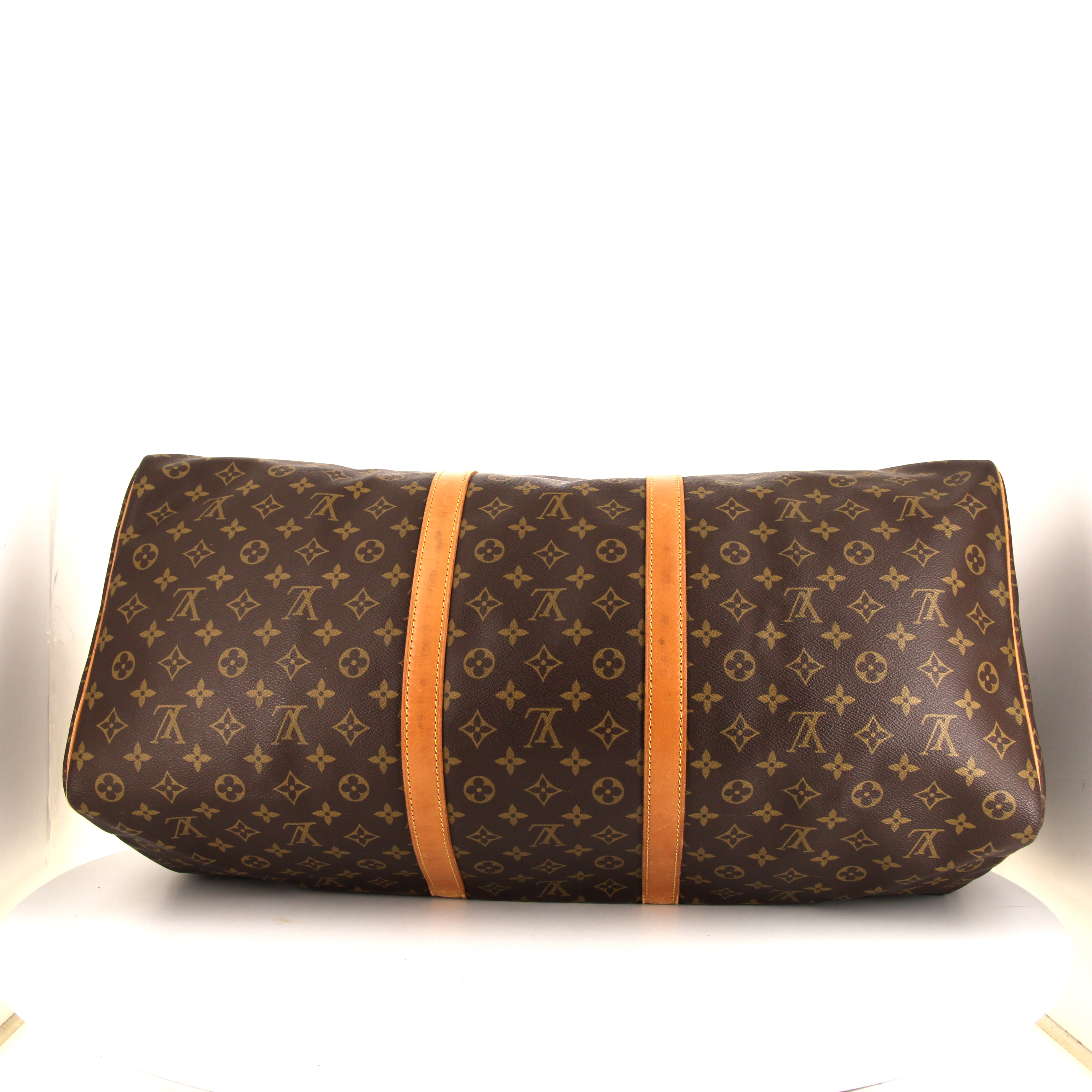 Sac de voyage Louis Vuitton  Keepall 60 en toile monogram marron et cuir naturel - Detail D4