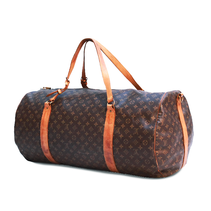 Borsa da viaggio Louis Vuitton Polochon grande in tela monogram marrone e pelle naturale - Detail D1