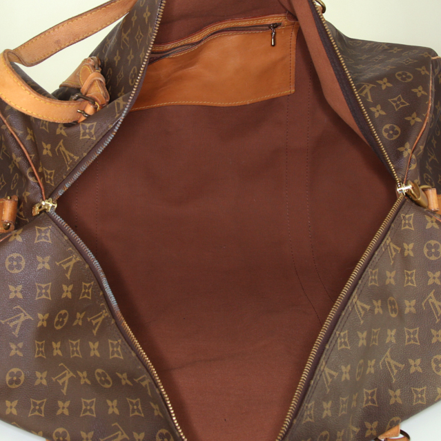 Borsa da viaggio Louis Vuitton Polochon grande in tela monogram marrone e pelle naturale - Detail D2