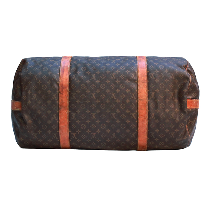 Borsa da viaggio Louis Vuitton Polochon grande in tela monogram marrone e pelle naturale - Detail D4