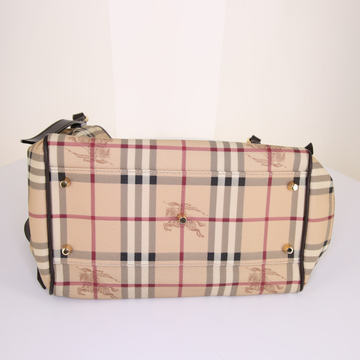 Shopping bag Burberry Canterbury in tela Haymarket beige e pelle nera - Detail D4