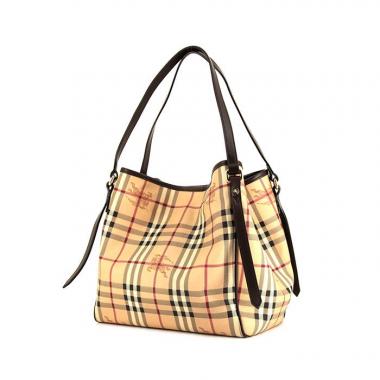 Shopping bag Burberry Canterbury in tela Haymarket beige e pelle nera