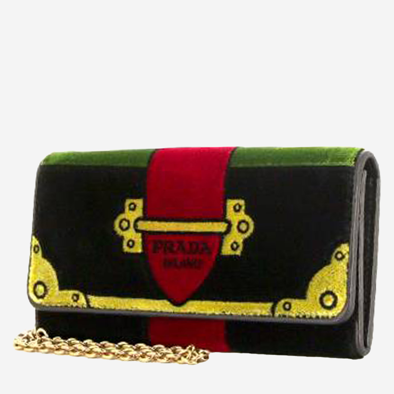 Prada Cahier pouch in green, red, yellow and black velvet