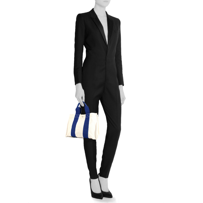 Hermes Toto Bag - Shop Bag shopping bag in white and blue canvas - Detail D1