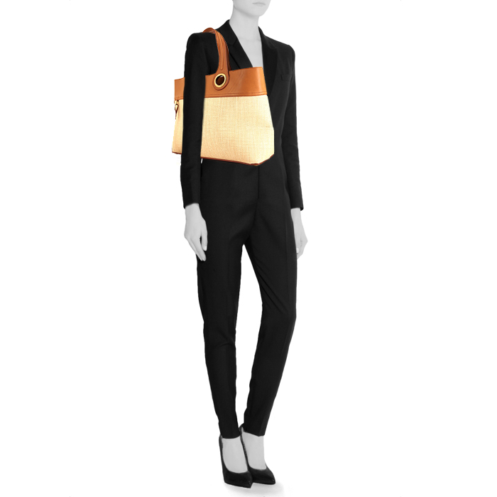 Shopping bag Saint Laurent Palma in rafia beige e pelle marrone - Detail D1