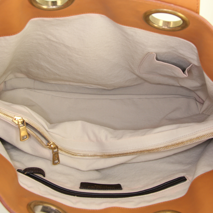 Shopping bag Saint Laurent Palma in rafia beige e pelle marrone - Detail D2