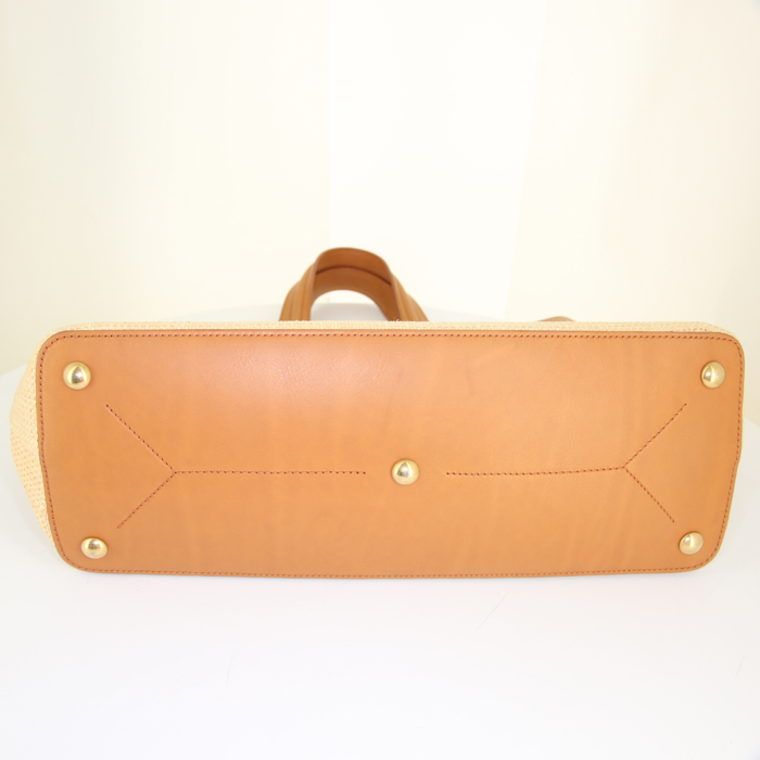 Shopping bag Saint Laurent Palma in rafia beige e pelle marrone - Detail D4