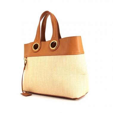 Sac cabas Saint Laurent Palma en raffia beige et cuir marron