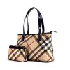 Burberry bag worn on the shoulder or carried in the hand in beige Haymarket canvas and blue patent leather - 00pp thumbnail