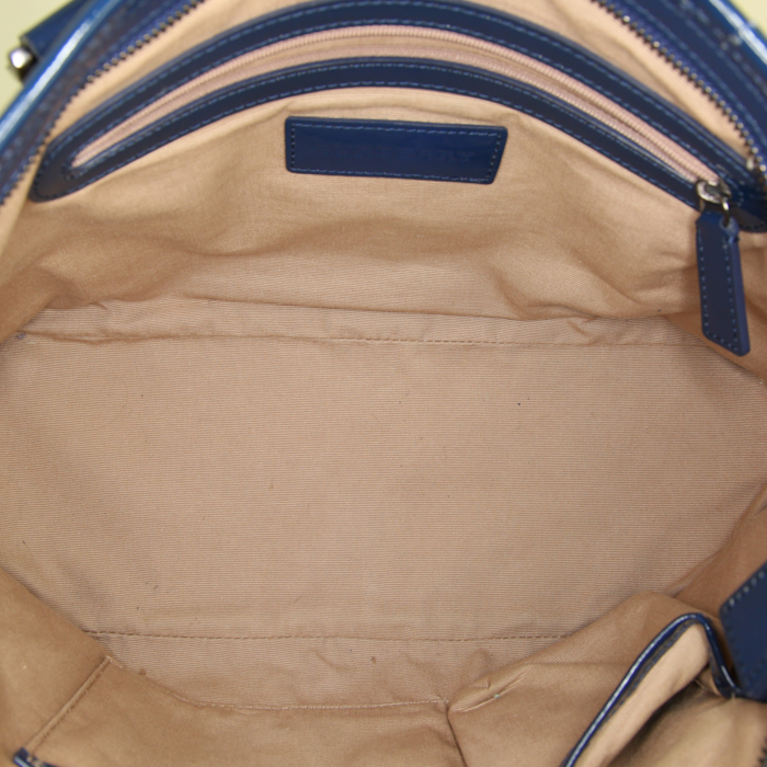 Borsa da spalla o a mano Burberry in tela Haymarket beige e pelle verniciata blu - Detail D2
