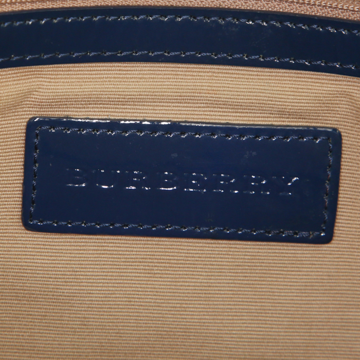 Borsa da spalla o a mano Burberry in tela Haymarket beige e pelle verniciata blu - Detail D3